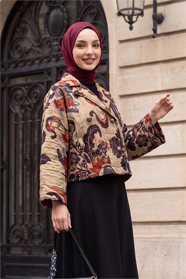 Womens Shirt-Collar Mixed Patterned Front Button-Front Quilted Jacket - Beige