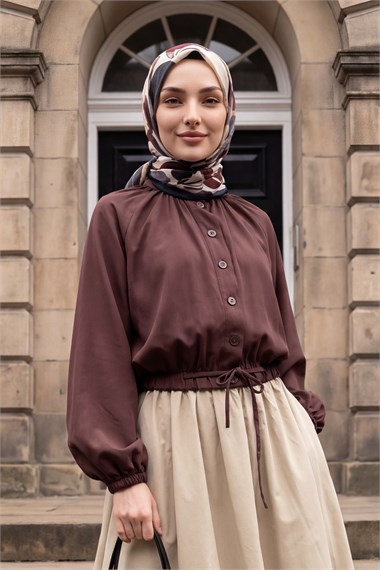 Womens Mandarin-Collar Button-Front Waist and Elastic-Cuff Diagonal Shirt - Burgundy