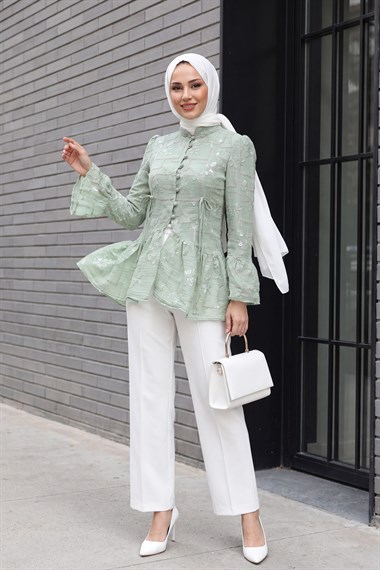 Womens Mandarin-Collar Front Button-Front Lined Ruffled Poly-Viscose Tunic - Aqua Green