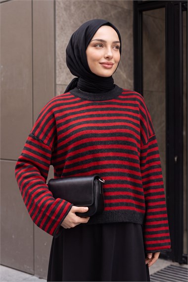 İnce Çizgili Oversize Triko Kazak  -Antrasit
