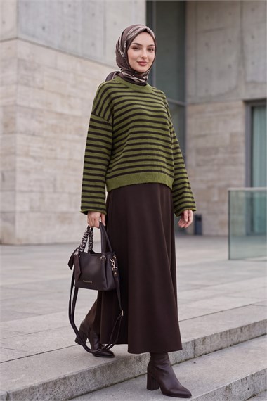 İnce Çizgili Oversize Triko Kazak -Haki