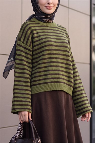 İnce Çizgili Oversize Triko Kazak -Haki
