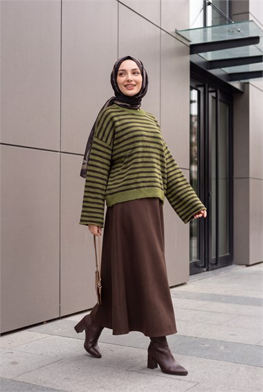 İnce Çizgili Oversize Triko Kazak -Haki