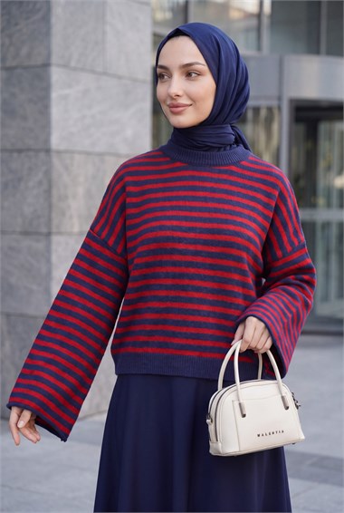 İnce Çizgili Oversize Triko Kazak -Lacivert