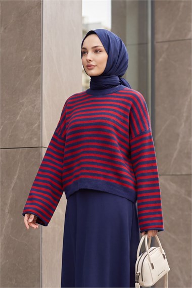 İnce Çizgili Oversize Triko Kazak -Lacivert