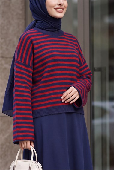 İnce Çizgili Oversize Triko Kazak -Lacivert