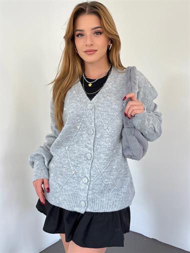 Womens Pearl-Detail Button-Front Soft Knit Cardigan - Gray