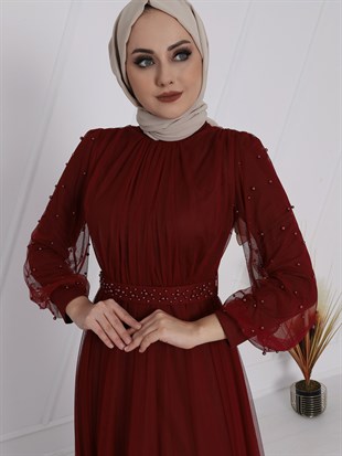 İncili Tül Abiye -Bordo