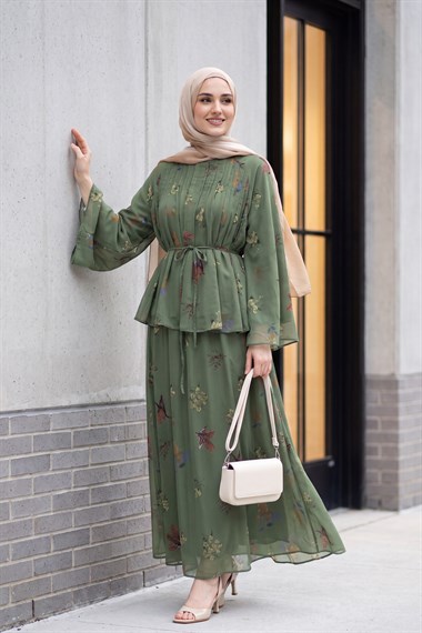 Womens Flared-Sleeve Lined Belted Floral-Print Skirted Chiffon Set - Khaki