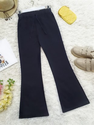 İspanyol Paça Bağcık Detaylı Kot Pantolon -Lacivert