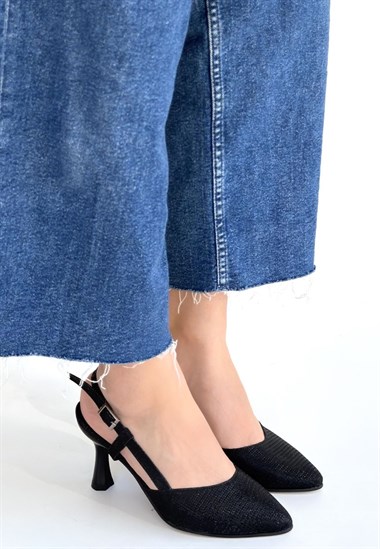 Joga Saten Simli Topuklu Ayakkabı -Siyah