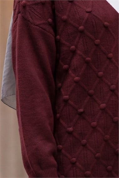Womens Textured Pom-Pom Detail Button-Front Knit Cardigan - Burgundy