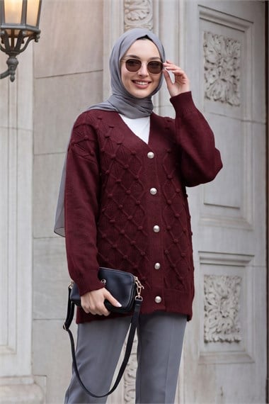 Womens Textured Pom-Pom Detail Button-Front Knit Cardigan - Burgundy