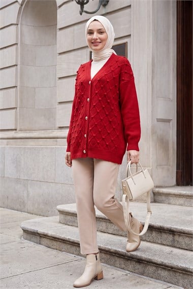 Womens Textured Pom-Pom Detail Button-Front Knit Cardigan - Red