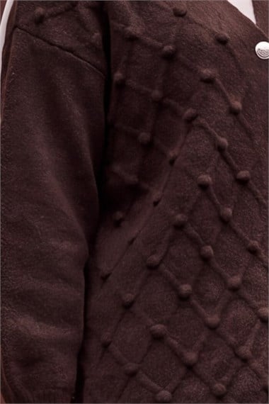 Womens Textured Pom-Pom Detail Button-Front Knit Cardigan - Brown
