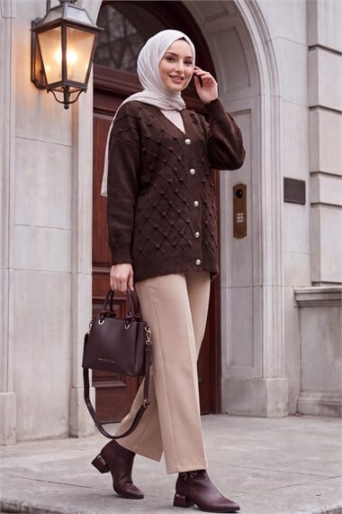 Womens Textured Pom-Pom Detail Button-Front Knit Cardigan - Brown