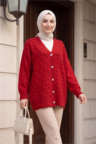 Womens Textured Pom-Pom Detail Button-Front Knit Cardigan - Red