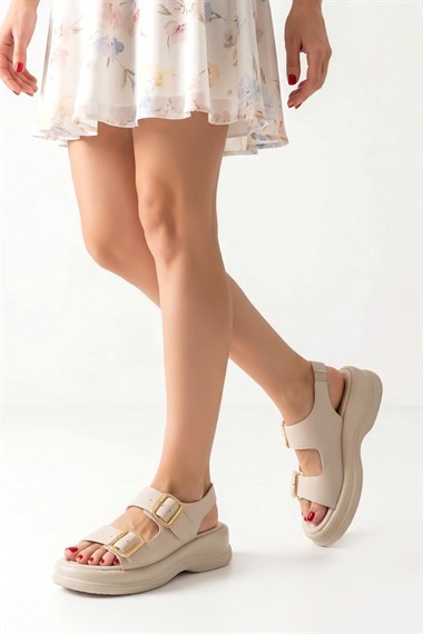 Kaji Bej Cilt Çift Tokalı Sandalet