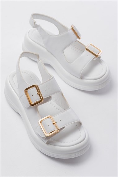 Kaji Beyaz Cilt Çift Tokalı Sandalet