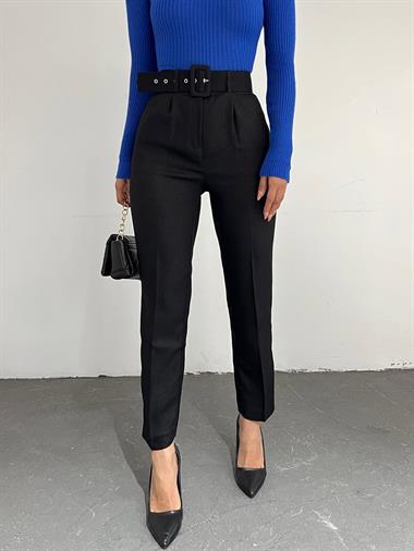Kalın Kemerli Kışlık Diagonel Pantolon -Siyah