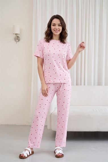 Kalp Desenli Bisiklet Yaka Kısa Kol Penye Pijama Takımı -Pembe