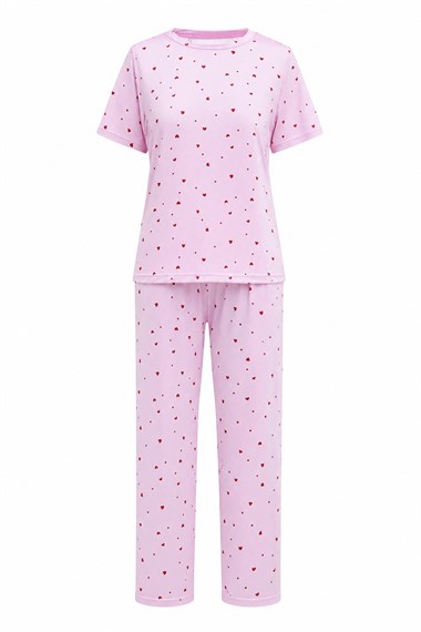 Kalp Desenli Bisiklet Yaka Kısa Kol Penye Pijama Takımı -Pembe