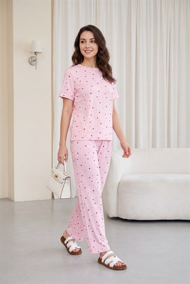 Kalp Desenli Bisiklet Yaka Kısa Kol Penye Pijama Takımı -Pembe