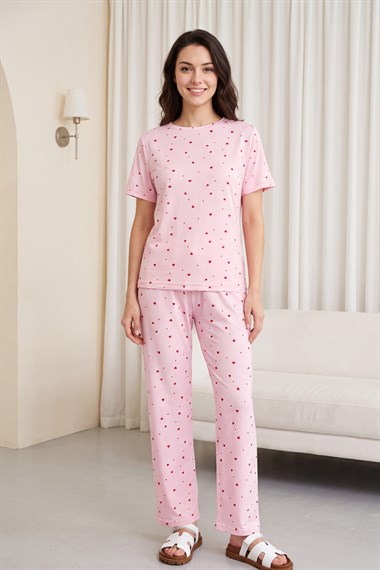 Kalp Desenli Bisiklet Yaka Kısa Kol Penye Pijama Takımı -Pembe