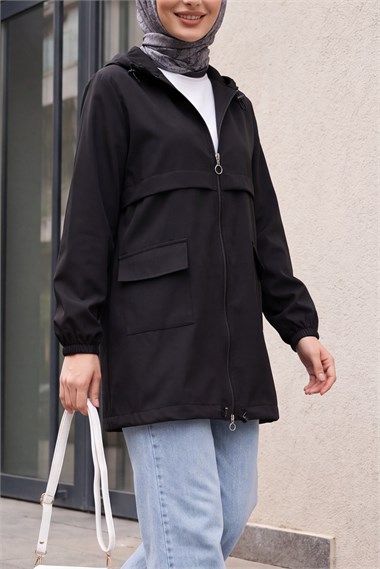 Womens Flap-Pocket Full-Length Zip-Up Hooded Raincoat - Black