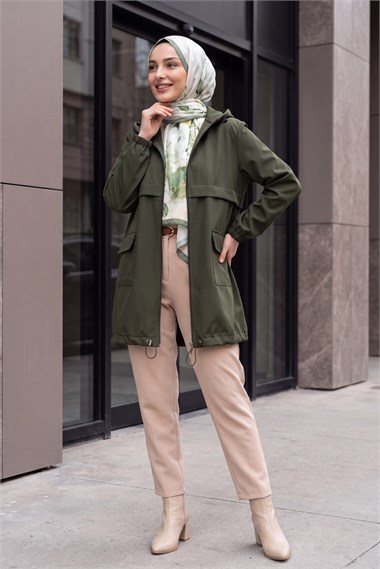 Womens Flap-Pocket Full-Length Zip-Up Hooded Raincoat - Khaki