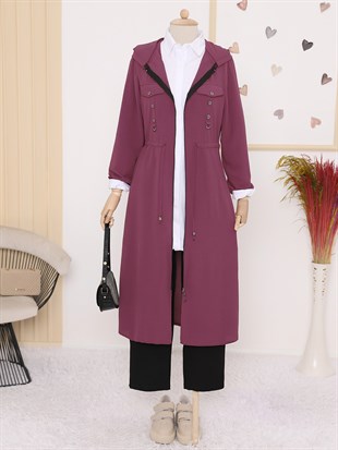 Kapşonlu Boydan Fermuarlı Cep Detaylı Ayrobin Kap -Mürdüm