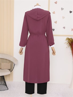 Kapşonlu Boydan Fermuarlı Cep Detaylı Ayrobin Kap -Mürdüm