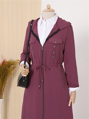 Kapşonlu Boydan Fermuarlı Cep Detaylı Ayrobin Kap -Mürdüm