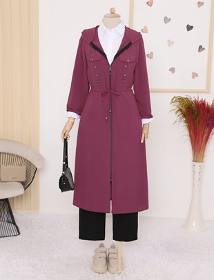 Kapşonlu Boydan Fermuarlı Cep Detaylı Ayrobin Kap -Mürdüm