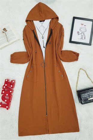 Kapşonlu Düğme Detaylı Ayrobin Kap -Taba