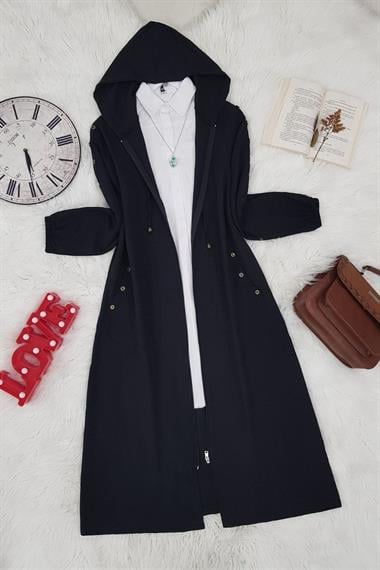 Kapşonlu Düğme Detaylı Ayrobin Kap -Siyah