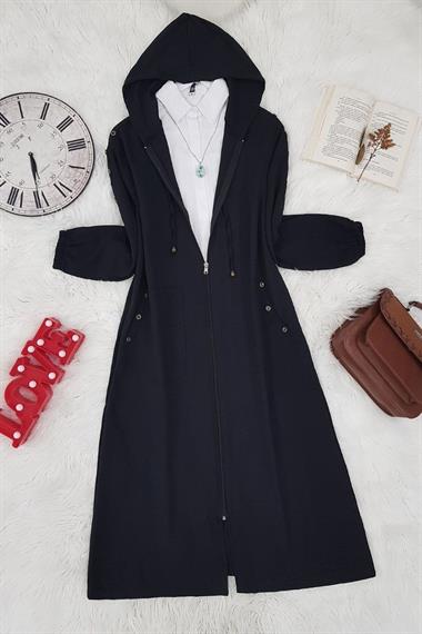 Kapşonlu Düğme Detaylı Ayrobin Kap -Siyah