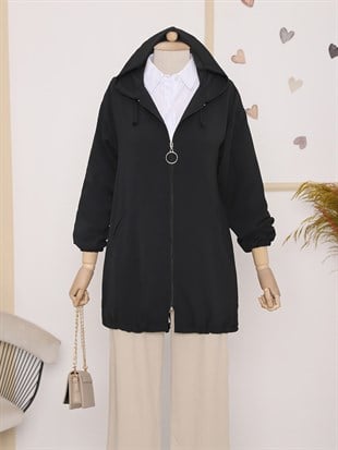 Kapşonlu Fermuarlı Yan Cepli Ayrobin Kap -Siyah