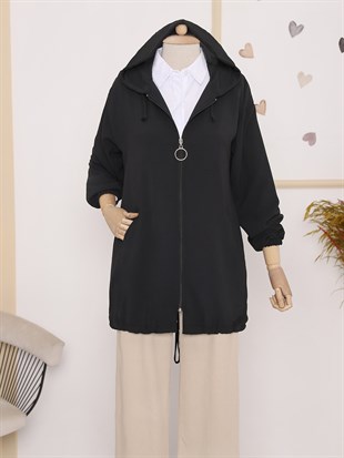 Kapşonlu Fermuarlı Yan Cepli Ayrobin Kap -Siyah