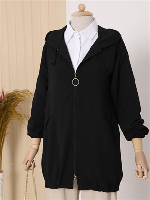 Kapşonlu Fermuarlı Yan Cepli Ayrobin Kap -Siyah