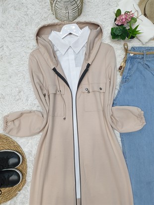 Kapşonlu Kolu ve Eteği Lastikli Cepli Penye Kap -Taş