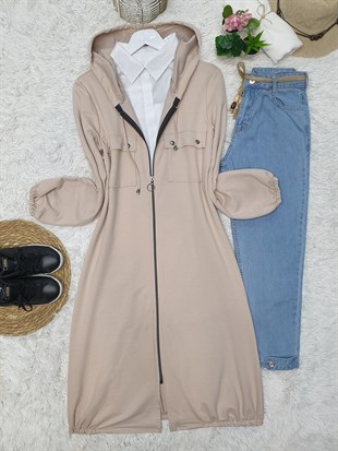 Kapşonlu Kolu ve Eteği Lastikli Cepli Penye Kap -Taş