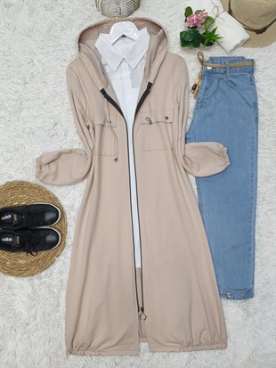 Kapşonlu Kolu ve Eteği Lastikli Cepli Penye Kap -Taş