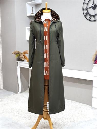 معطف طويل بغطاء رأس وأكمام مطاطية وتنورة - كاكي