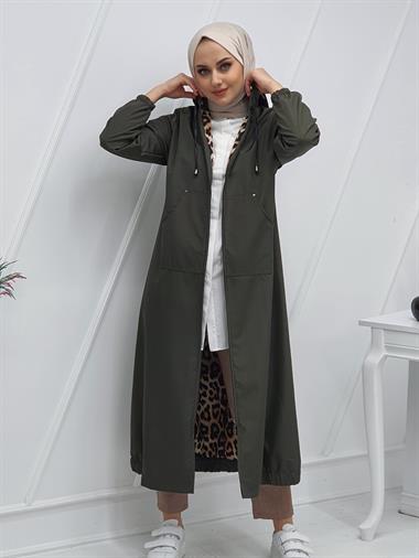 معطف طويل بغطاء رأس وأكمام مطاطية وتنورة - كاكي