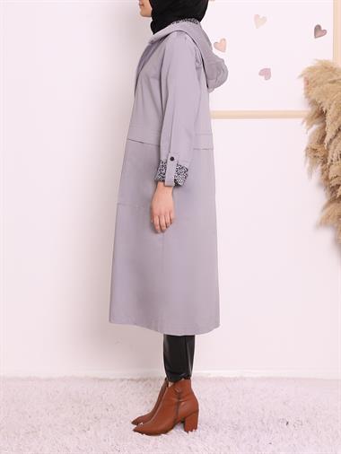 Kapşonlu Pamuk Keten Tesettür Trenckot -Gri