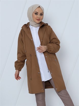 Kapşonlu Tünel Bağcıklı Kuş Cepli Trenckot -Taba