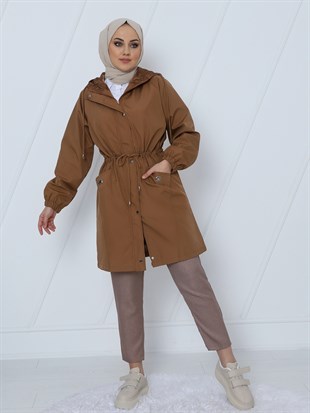 Kapşonlu Tünel Bağcıklı Kuş Cepli Trenckot -Taba