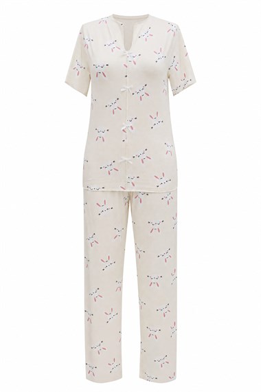 Womens Mixed Motif Patterned V-Neck Front Bow-Detail Short-Sleeve Jersey Pajamas Set - Cream