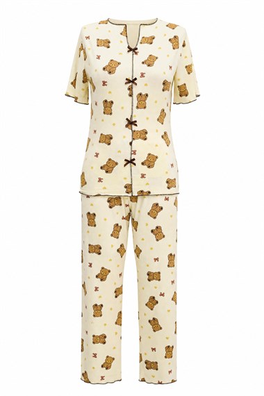 Womens Mixed Motif Patterned V-Neck Front Bow-Detail Short-Sleeve Jersey Pajamas Set - Salmon